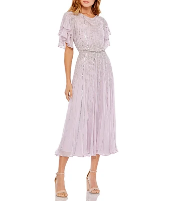 Mac Duggal Drape Neck Short Flutter Sleeves Beaded Chiffon Blouson Midi Dress