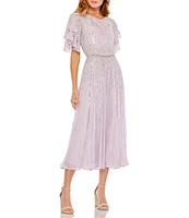 Mac Duggal Drape Neck Short Flutter Sleeves Beaded Chiffon Blouson Midi Dress