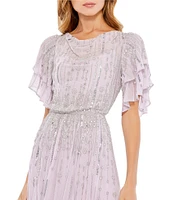 Mac Duggal Drape Neck Short Flutter Sleeves Beaded Chiffon Blouson Midi Dress