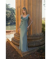 Mac Duggal Drape Neckk 3D Floral Applique Jersey Column Gown