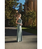 Mac Duggal Drape Neckk 3D Floral Applique Jersey Column Gown
