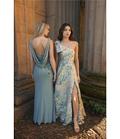 Mac Duggal Drape Neckk 3D Floral Applique Jersey Column Gown