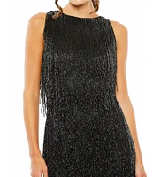 Mac Duggal Embellished Beaded Fringe Boat Neck Sleeveless Sheath Dress