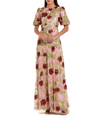 Mac Duggal Embellished Beaded Mesh Floral Crew Neck Short Sleeve Gown