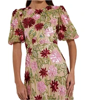 Mac Duggal Embellished Beaded Mesh Floral Crew Neck Short Sleeve Gown