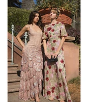 Mac Duggal Embellished Beaded Mesh Floral Crew Neck Short Sleeve Gown