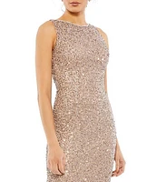 Mac Duggal Sequin Embellished Boat Neck Sleeveless Sheath Midi Dress