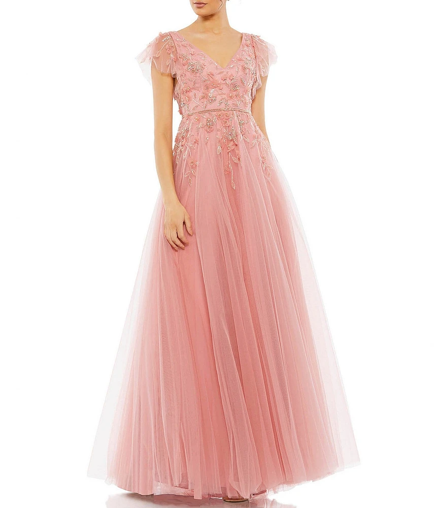 Mac Duggal Embellished Cap Flutter Sleeve V-Neck Ballgown