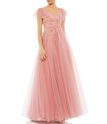 Mac Duggal Embellished Cap Flutter Sleeve V-Neck Ballgown