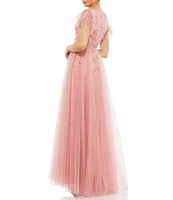 Mac Duggal Embellished Cap Flutter Sleeve V-Neck Ballgown