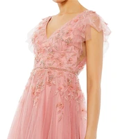 Mac Duggal Embellished Cap Flutter Sleeve V-Neck Ballgown