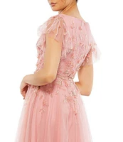 Mac Duggal Embellished Cap Flutter Sleeve V-Neck Ballgown