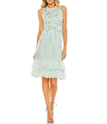 Mac Duggal Embellished Chiffon Crew Neck Sleeveless Ruffle Hem Shift Mini Dress