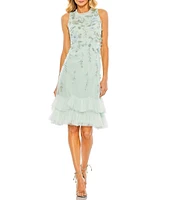 Mac Duggal Embellished Chiffon Crew Neck Sleeveless Ruffle Hem Shift Mini Dress