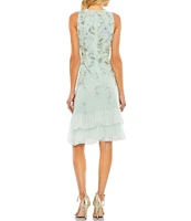 Mac Duggal Embellished Chiffon Crew Neck Sleeveless Ruffle Hem Shift Mini Dress
