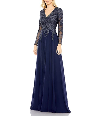 Mac Duggal Embellished Floral Lace V-Neck Illusion Long Sleeve Gown