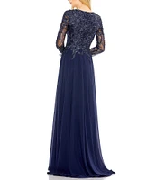 Mac Duggal Embellished Floral Lace V-Neck Illusion Long Sleeve Gown