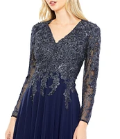 Mac Duggal Embellished Floral Lace V-Neck Illusion Long Sleeve Gown