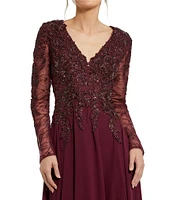 Mac Duggal Embellished Floral Lace V-Neck Illusion Long Sleeve Gown