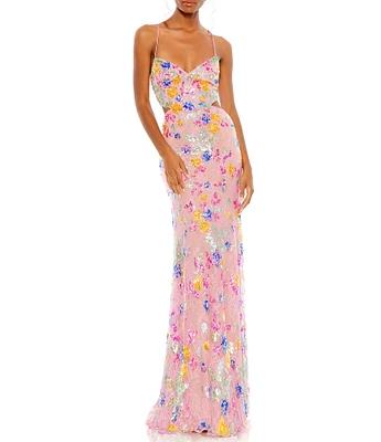 Mac Duggal Embellished Floral Sweetheart Neck Spaghetti Strap Sleeveless Sheath Gown