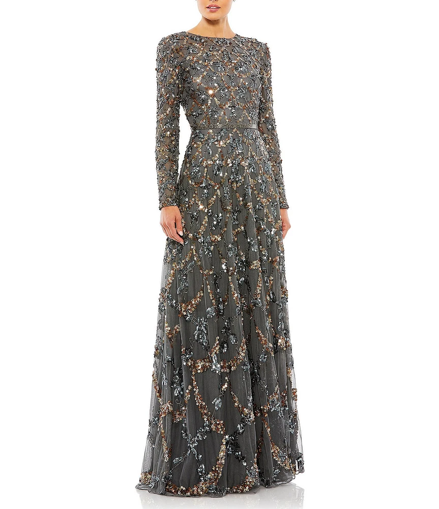 Mac Duggal Embellished Illusion Crew Neck Long Sleeve A-Line Gown