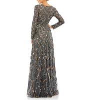 Mac Duggal Embellished Illusion Crew Neck Long Sleeve A-Line Gown