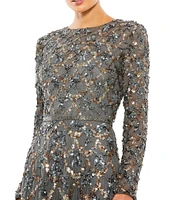 Mac Duggal Embellished Illusion Crew Neck Long Sleeve A-Line Gown