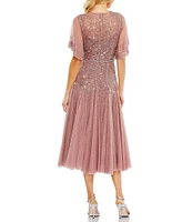 Mac Duggal Embellished Illusion Crew Neck Short Butterfly Sleeve Midi Dress