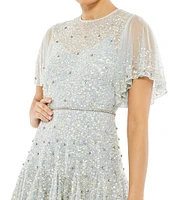 Mac Duggal Embellished Illusion Crew Neck Short Butterfly Sleeve Midi Dress