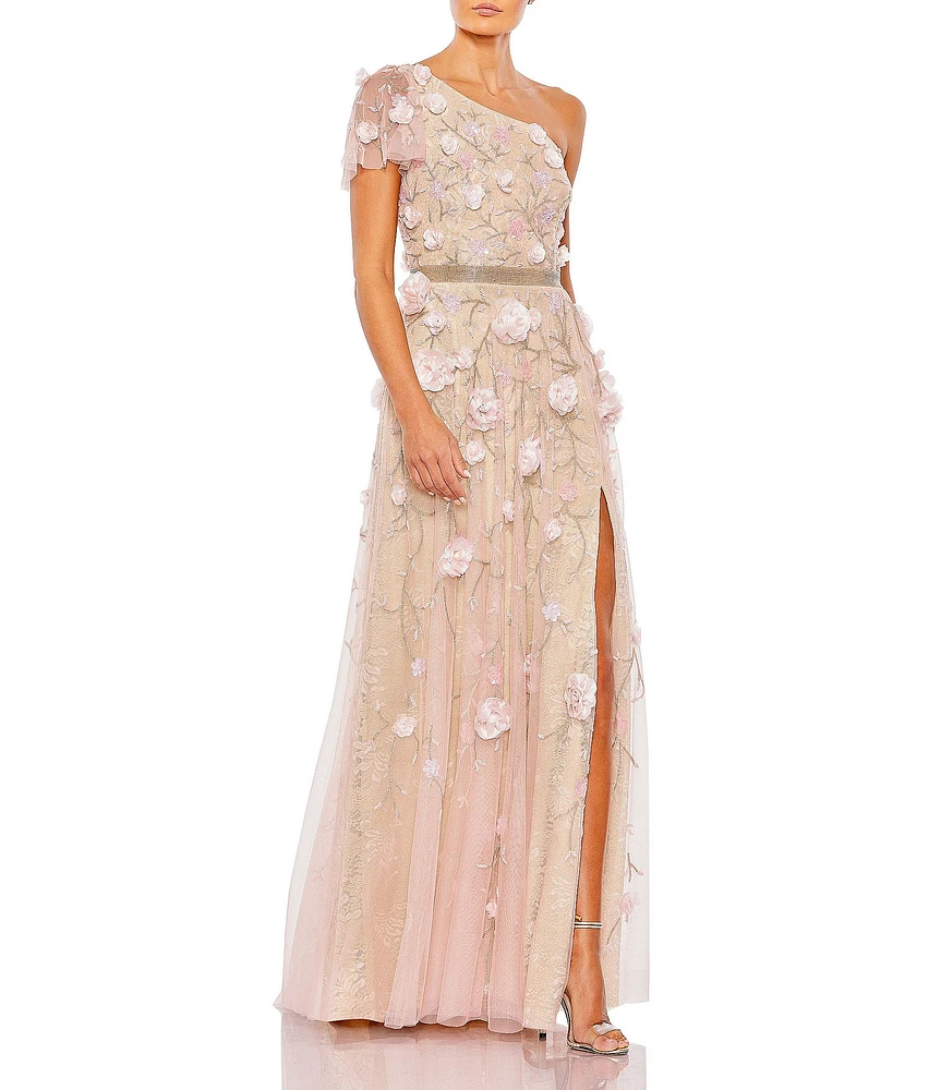 Mac Duggal Embellished Mesh 3D Floral One Shoulder Short Sleeve Column Gown