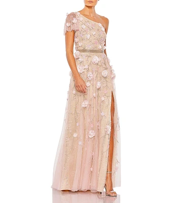 Mac Duggal Embellished Mesh 3D Floral One Shoulder Short Sleeve Column Gown