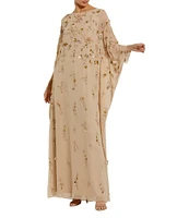 Mac Duggal Embellished Mesh Boat Neck Long Sleeve 3D Flower Caftan Gown
