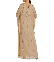 Mac Duggal Embellished Mesh Boat Neck Long Sleeve 3D Flower Caftan Gown