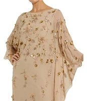 Mac Duggal Embellished Mesh Boat Neck Long Sleeve 3D Flower Caftan Gown