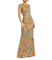 Mac Duggal Embellished Mesh Floral Beaded High Neck Cap Sleeve Mermaid Gown