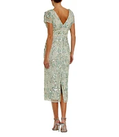 Mac Duggal Embellished Mesh Floral Crew Neck Short Sleeve Sheath Midi Dress