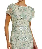 Mac Duggal Embellished Mesh Floral Crew Neck Short Sleeve Sheath Midi Dress