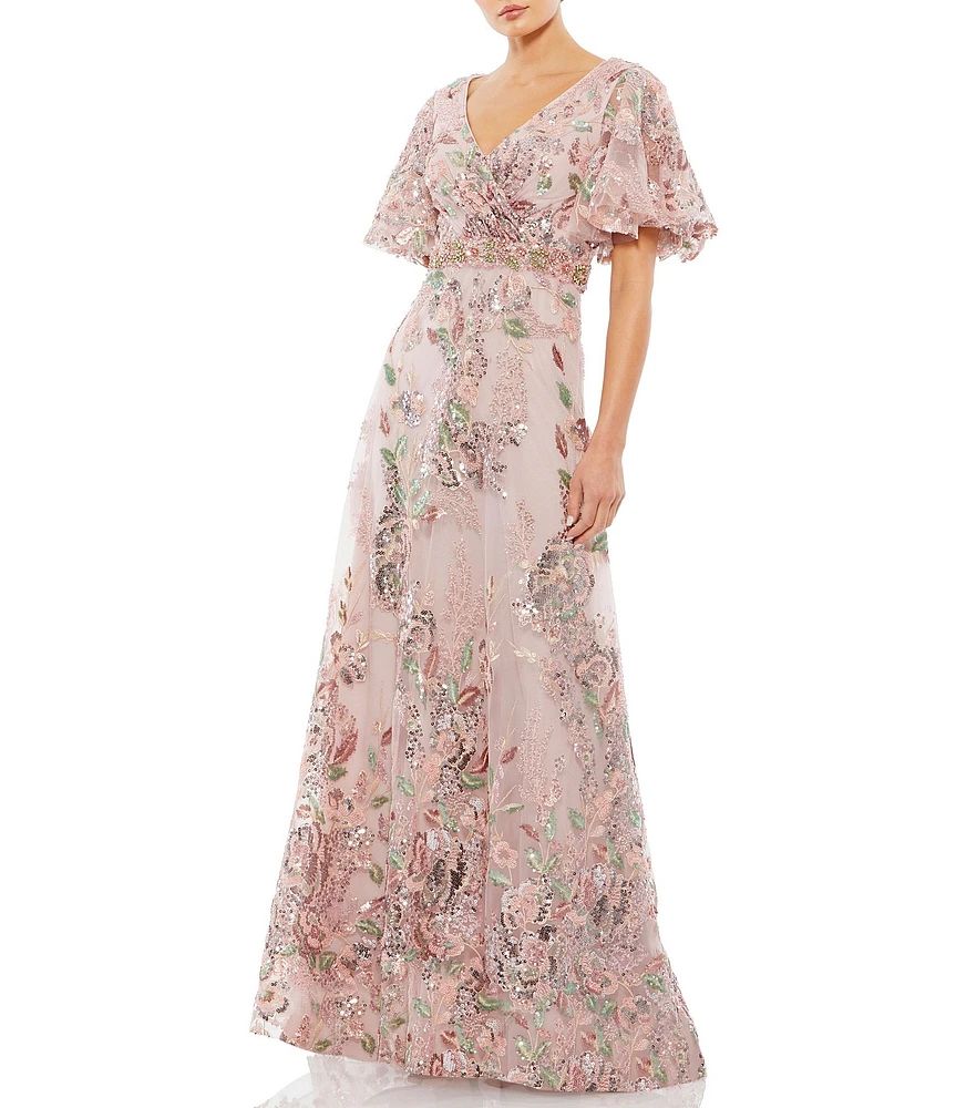 Mac Duggal Embellished Mesh Floral Print V Neck Short Sleeve A-Line Gown