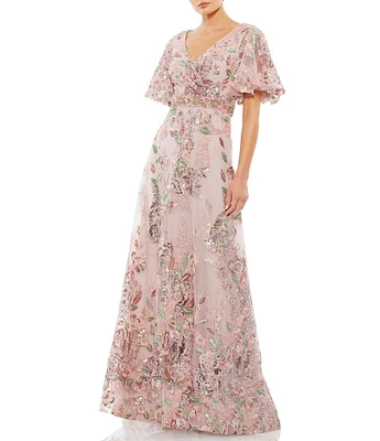 Mac Duggal Embellished Mesh Floral Print V Neck Short Sleeve A-Line Gown