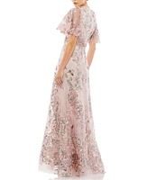 Mac Duggal Embellished Mesh Floral Print V Neck Short Sleeve A-Line Gown