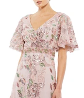 Mac Duggal Embellished Mesh Floral Print V Neck Short Sleeve A-Line Gown