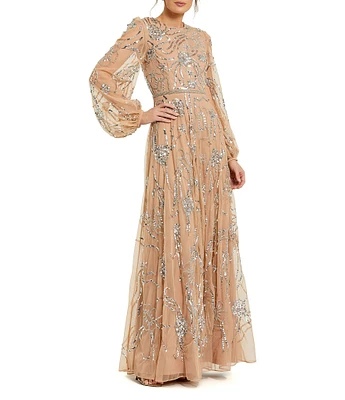 Mac Duggal Embellished Mesh High Neck Puff Sleeves Sequin A-Line Gown