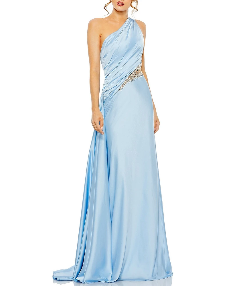 Mac Duggal Embellished Mesh Inset Satin Ruched One Shoulder Sleeveless Draped Gown