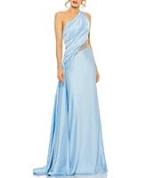 Mac Duggal Embellished Mesh Inset Satin Ruched One Shoulder Sleeveless Draped Gown