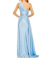 Mac Duggal Embellished Mesh Inset Satin Ruched One Shoulder Sleeveless Draped Gown