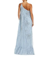 Mac Duggal Embellished Mesh One Shoulder Beaded Bow High-Low Caftan Gown