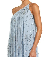 Mac Duggal Embellished Mesh One Shoulder Beaded Bow High-Low Caftan Gown