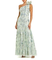 Mac Duggal Embellished Mesh One Shoulder Neck Sleeve 3D Flower Detail Gown