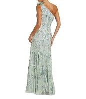 Mac Duggal Embellished Mesh One Shoulder Neck Sleeve 3D Flower Detail Gown