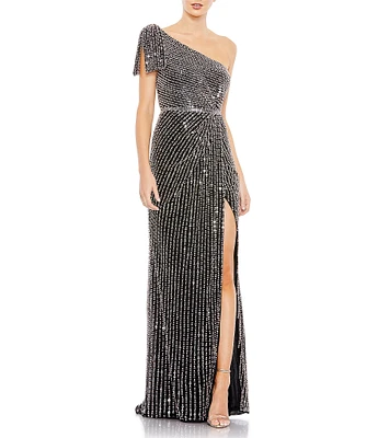 Mac Duggal Embellished Mesh One Shoulder Neck Sleeveless Tie Gown